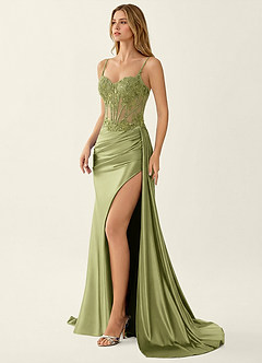 Celestianora Green Corset Stretch Satin Mermaid High Slit Prom Dress image5