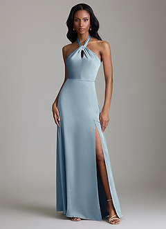 Azazie Tracie Vestidos de damas de honor Vestido de Azul Polvoriento de Satén Elástico de Corte en A con Corte Lateral image1