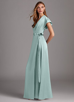 Azazie Nico Bridesmaid Dresses Sea Glass A-Line V-Neck Stretch Satin Dress image2