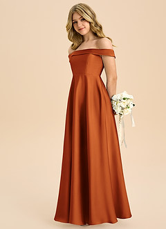 Azazie Sissy Junior Cinnamon A-Line Off the Shoulder Stretch Satin Dress image6