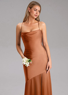 Azazie Grata Bridesmaid Dresses Copper Sheath Side Slit Stretch Satin Dress image6