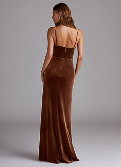 Azazie Maci Bridesmaid Dresses Umber Sheath Pleated Velvet Dress image2