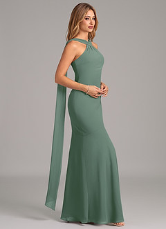 Azazie Kinsley Vestidos de damas de honor Vestido de Eucalipto de Gasa de Corte Sirena con Plisado image6