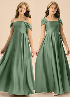 Azazie Rowena Junior Robe Trapèze en Satin extensible Arc Matcha image1