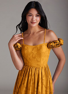 Azazie Autumn Bridesmaid Dresses Butterscotch A-Line Off the Shoulder Floral Burnout Convertible Dress image2
