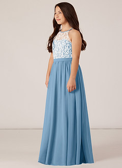 Azazie Fahari Junior Steel Blue A-Line Lace Chiffon Dress image3