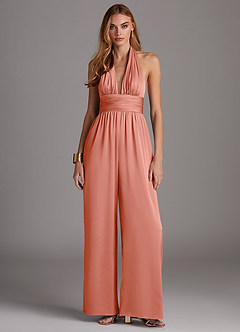 Azazie Oli Bridesmaid Dresses Coral Pleated Stretch Satin Jumpsuit image3