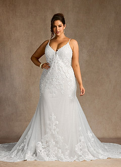 Azazie Selene Wedding Dresses Diamond White Mermaid V-Neck Lace Dress image7