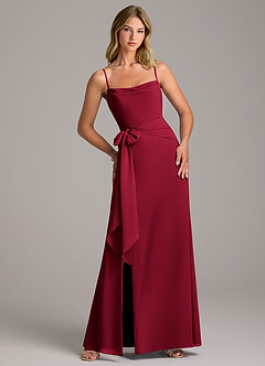 Azazie Tahlia Bridesmaid Dresses Burgundy A-Line with Belt Chiffon Dress image1