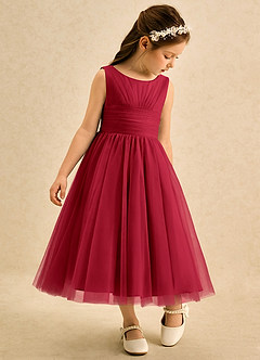 Azazie Macaron vestidos de niña de las flores Vestido Escarlata de Tul de Línea A con Plisado image1