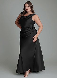 Azazie Kieryn At-home Try On Dresses Black Mermaid Pleated Stretch Satin Dress image11