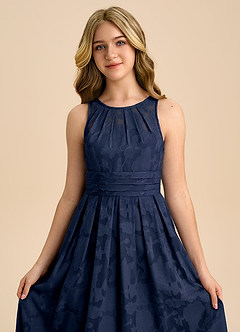 Azazie Bibiane Junior Dark Navy A-Line Pleated Floral Burnout Dress image7