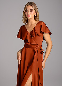 Azazie Lainey Bridesmaid Dresses Paprika A-Line with Pockets Stretch Satin Dress image6