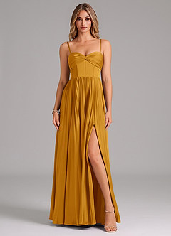 Azazie Tyla Bridesmaid Dresses Butterscotch A-Line Sweetheart Neckline Stretch Satin Dress image1
