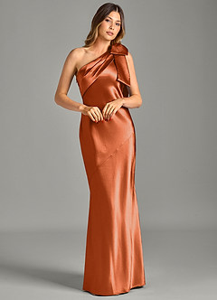 Azazie Yuanna Vestidos de damas de honor Vestido de Naranja Quemada de Satén Metálico de Corte Sirena con Hombro unilateral image3