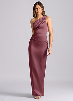 Azazie Akilah Robes de demoiselle d'honneur Robe Sirène en Satin extensible Asymétrique Rose Du Désert image4