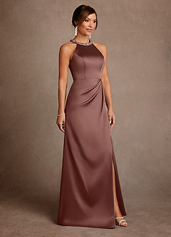 Azazie Lawrence Mother of the Bride Dresses Espresso A-Line Pleated Stretch Satin Dress image4