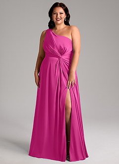 Azazie Brooke Bridesmaid Dresses Fuchsia A-Line One Shoulder Stretch Satin Dress image1