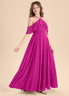Azazie Tessabelle Junior Abito A-Line in Chiffon a Spalla Scoperta Fucsia image3