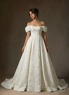 Azazie Efina At-home Try On Dresses Antique White Ball-Gown Floral Jacquard Dress image4