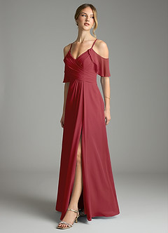 Azazie Dakota Bridesmaid Dresses Pomegranate A-Line V-Neck Pleated Chiffon Dress image4