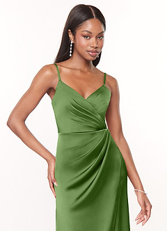 Azazie Maci Bridesmaid Dresses Basil A-Line V-Neck Pleated Stretch Satin Dress image5