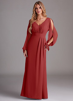 Azazie Matilda Bridesmaid Dresses Rust A-Line Long Sleeve Chiffon Dress image3