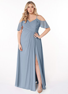Azazie Dakota Vestidos de damas de honor Vestido de Azul Polvoriento de Gasa de Corte en A con Cuello en V plisado image6