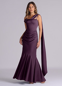 Azazie Inara Bridesmaid Dresses Plum Mermaid Pleated Stretch Satin Dress image2