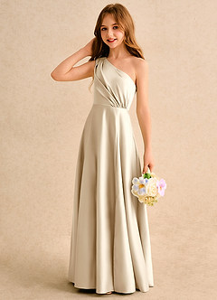 Azazie Puddles Junior Formal vestidos de niña de las flores Vestido de Champán de Satin Mate de Corte en A con Hombro unilateral image6