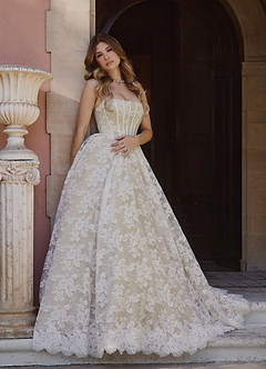 Azazie Geneva Wedding Dresses Diamond White Champagne Ball-Gown Square Neckline Lace Dress image2