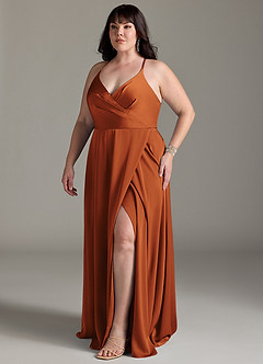 Azazie Davis Bridesmaid Dresses Cinnamon A-Line Pleated Stretch Satin Dress image10