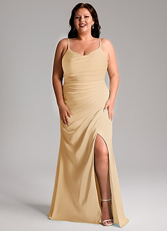 Azazie Deandra Bridesmaid Dresses Gold Mermaid Pleated Stretch Satin Dress image9
