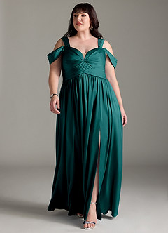 Azazie Lianne Bridesmaid Dresses Peacock A-Line Off the Shoulder Stretch Satin Dress image11