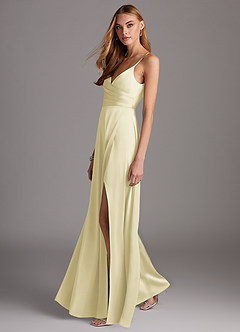 Azazie Calissa Final Sale Agave A-Line V-Neck Pleated Stretch Satin Dress image4