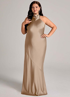 Azazie Velli Bridesmaid Dresses Taupe Mermaid High Neck Stretch Satin Dress image8