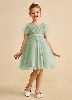 Azazie Queenie Flower Girl Dresses Dusty Sage A-Line Lace Dress image3