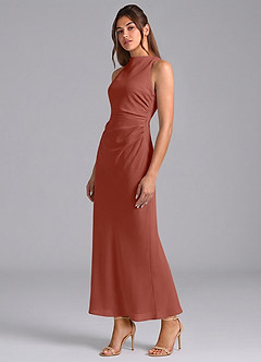 Azazie Evadne Bridesmaid Dresses Auburn Sheath Pleated Chiffon Dress image1