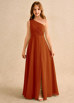 Azazie Puddles Girls Formal 플라워 걸 드레스 A라인 한쪽 어깨 쉬폰 플로어 길이 드레스 image6