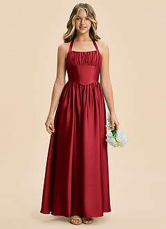 Azazie Kyrie Junior Scarlet A-Line Pleated Stretch Satin Dress image6