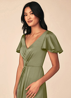 Azazie Soren Bridesmaid Dresses Pistachio A-Line Pleated Stretch Satin Dress image7
