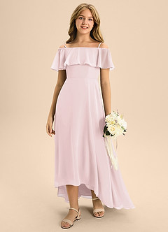 Azazie Maggie Junior Blushing Pink A-Line Off the Shoulder Chiffon Dress image3