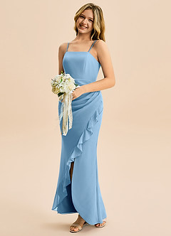 Azazie Buzzy Junior Steel Blue Sheath Pleated Chiffon Dress image3