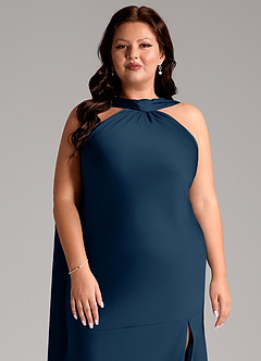 Azazie Kinsley Bridesmaid Dresses Dark Navy Mermaid Side Slit Stretch Satin Dress image13