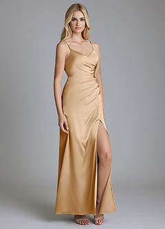 Azazie Azuree Bridesmaid Dresses Gold A-Line Pleated Stretch Satin Dress image3