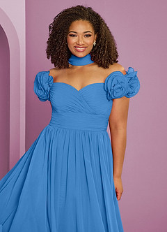 Barbie ♥ Azazie Brautjungfernkleider Wandelbar A-Linie Schulterfrei Chiffon Kleid Blauhäher image20