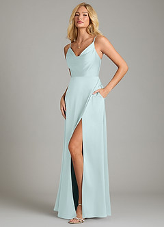 Azazie Sarella Vestidos de damas de honor Vestido de Vidrio Marino de Satén Elástico de Corte en A con Plisado image5