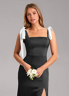 Azazie Frostine 신부 들러리 드레스 A라인 절하다 스트레치 새틴 바닥 길이 드레스 image2