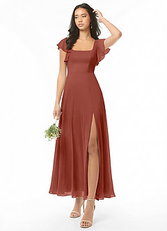 Azazie Bondi Abiti da Damigella Abito A-Line in Chiffon Increspato Auburn image1