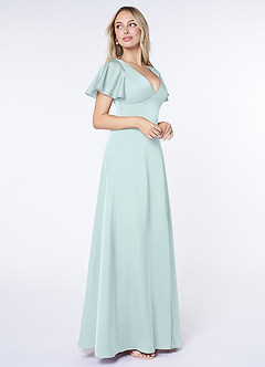 Azazie Lani Bridesmaid Dresses Sea Glass A-Line Flounce Sleeve Stretch Satin Dress image4